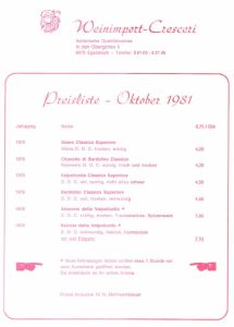 Cresceri Weinpreisliste 1981