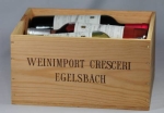 Holzkiste f�r 6 Flaschen mit Aufdruck Weinimport Cresceri